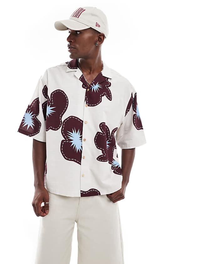 asos ASOS DESIGN oversized shirt with half sleeve in cream flower print