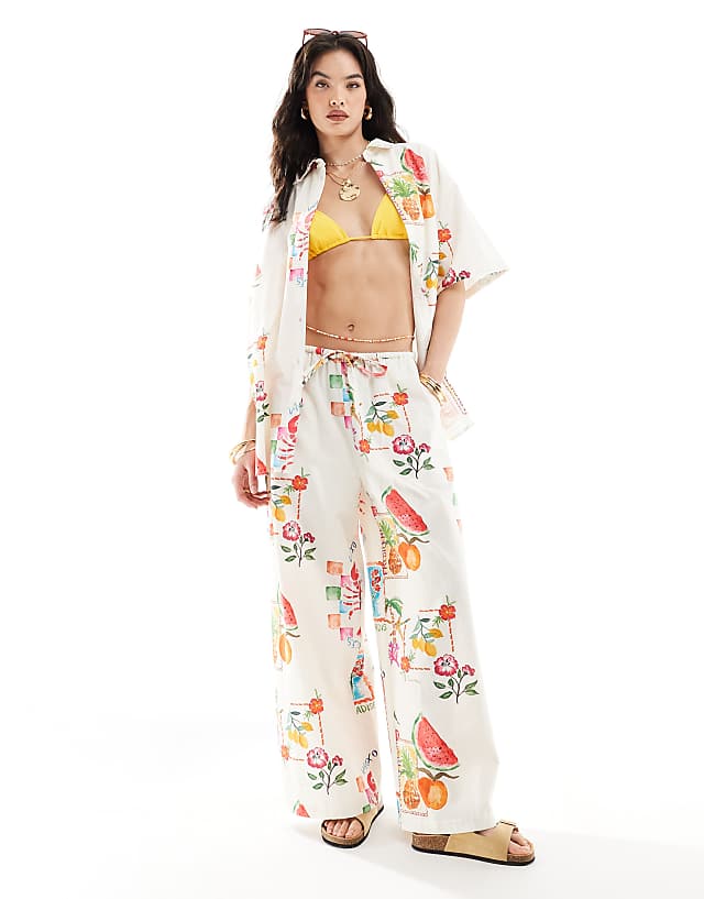Asos ASOS DESIGN Oversized Shirt With Linen In Postcard Print Co-ord