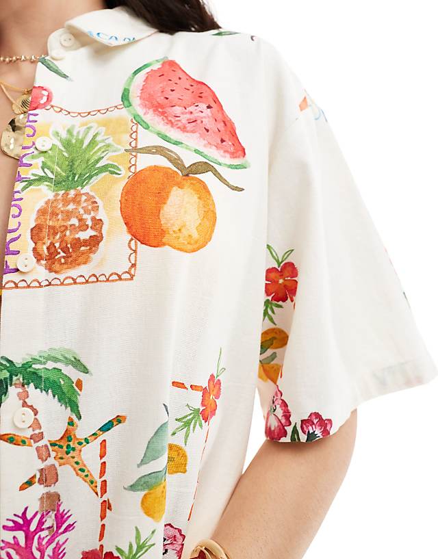 Asos ASOS DESIGN Oversized Shirt With Linen In Postcard Print Co-ord