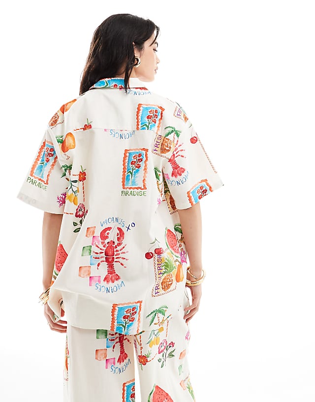 Asos ASOS DESIGN Oversized Shirt With Linen In Postcard Print Co-ord