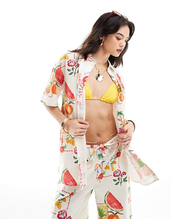 asos ASOS DESIGN oversized shirt with linen in postcard print co-ord