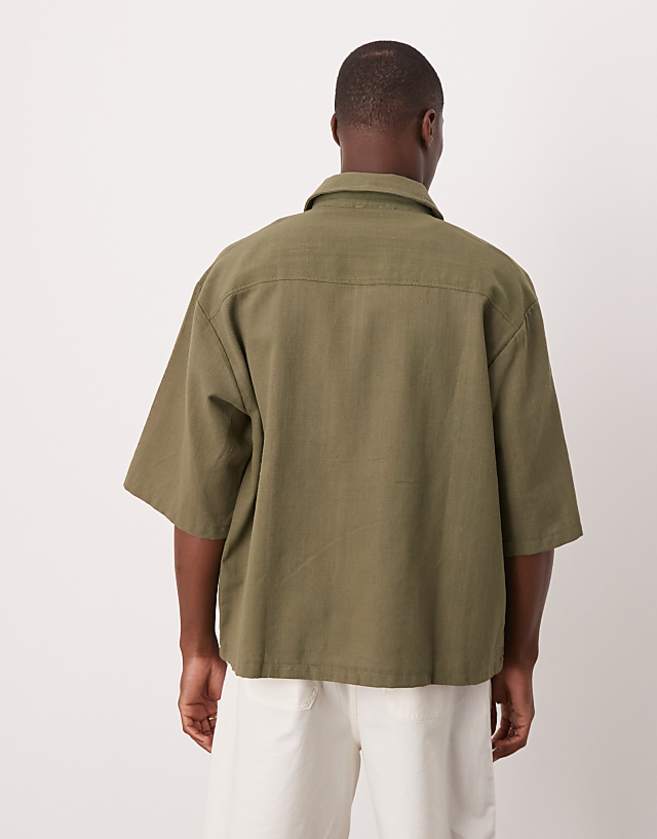 Asos ASOS DESIGN Oversized Short Sleeved Shirt With Chest Embroidery Detail In Khaki Linen Look