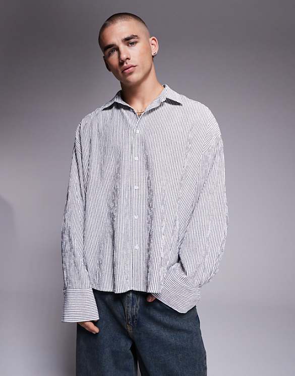 asos ASOS DESIGN oversized stripe shirt in white and black seersucker
