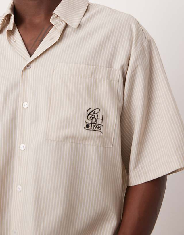 Asos ASOS DESIGN Oversized Stripe Shirt With Embroidery In Beige