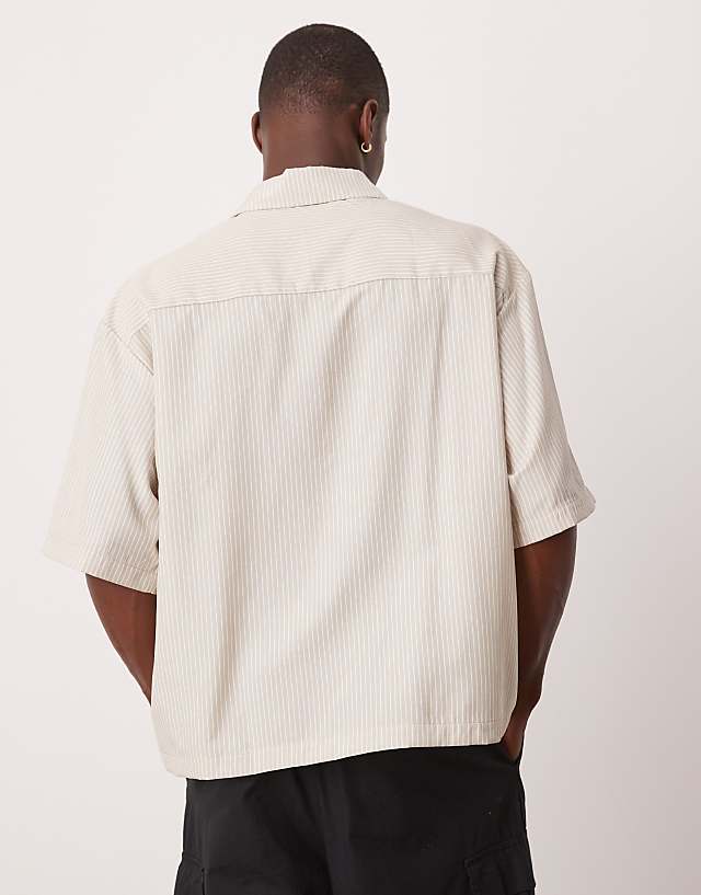 Asos ASOS DESIGN Oversized Stripe Shirt With Embroidery In Beige