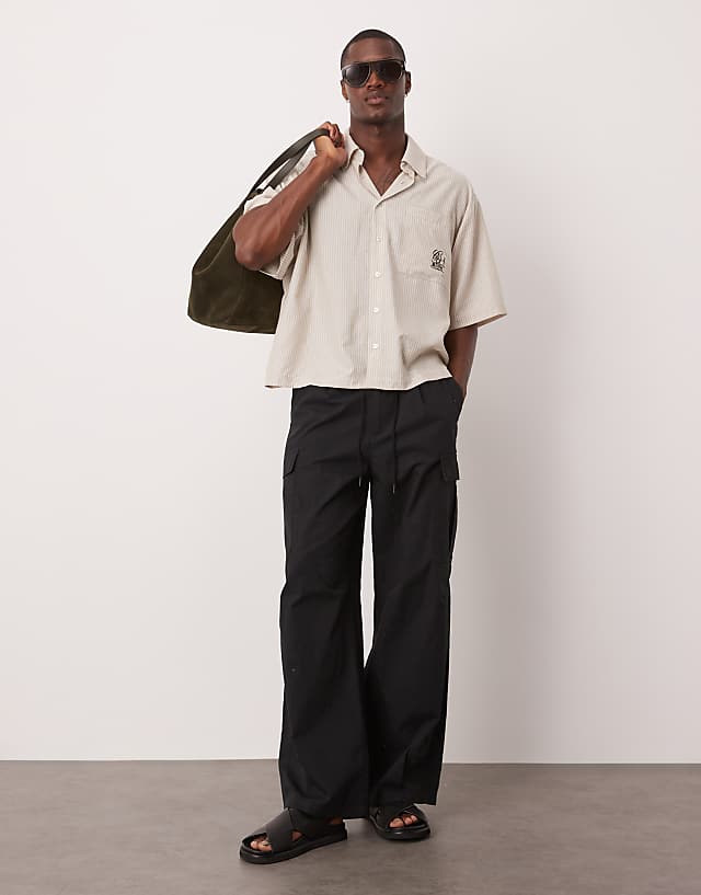 Asos ASOS DESIGN Oversized Stripe Shirt With Embroidery In Beige