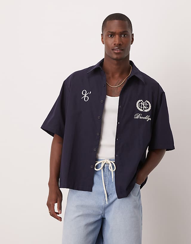 Asos ASOS DESIGN Oversized Stripe Shirt With Embroidery In Navy