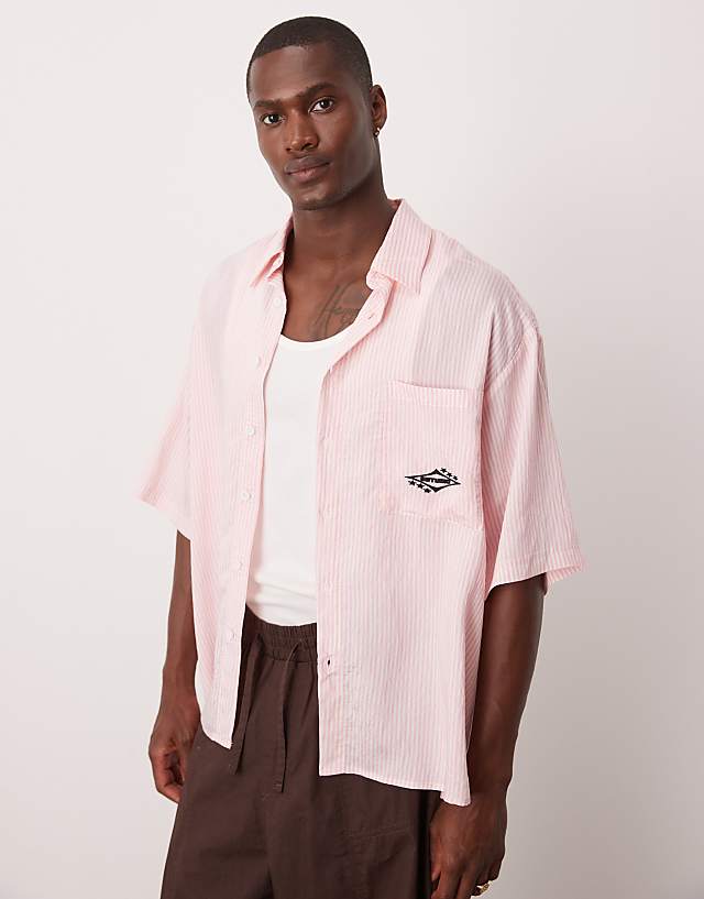 asos ASOS DESIGN oversized stripe shirt with embroidery in white