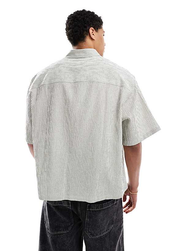 Asos ASOS DESIGN Oversized Stripe Shirt With Half Sleeve In Green