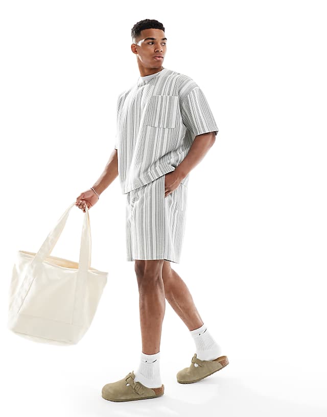 asos ASOS DESIGN oversized stripe textured short in stone