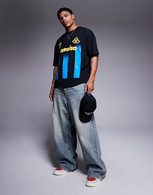 Asos ASOS DESIGN Oversized Striped T-shirt With Sports Graphic In Black