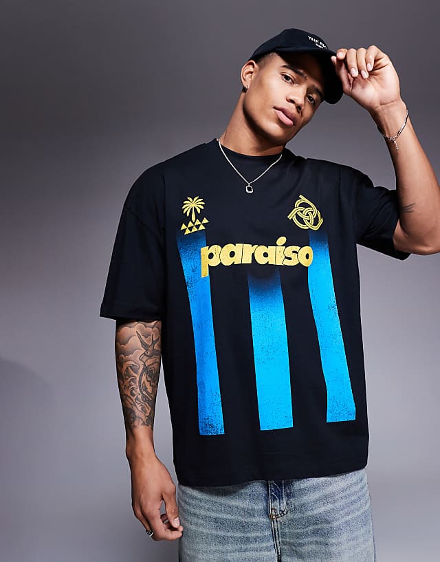 asos ASOS DESIGN oversized striped t-shirt with sports graphic in black