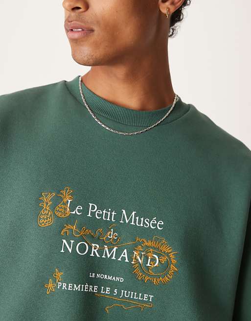 Asos ASOS DESIGN Oversized Sweatshirt With Embroidery And Print Chest In Green