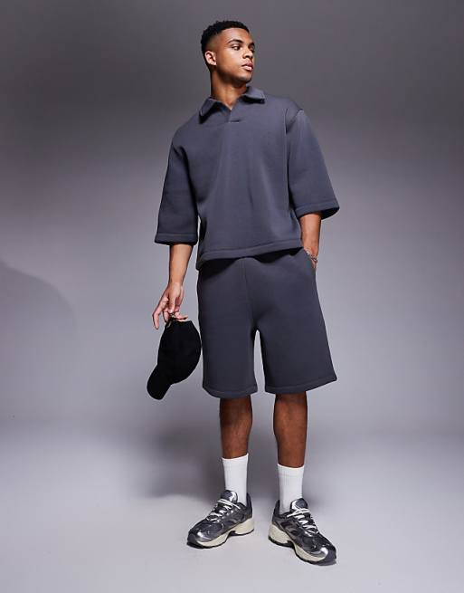 Asos ASOS DESIGN Oversized Sweatshirt With Short Sleeves And Rugby Collar In Charcoal