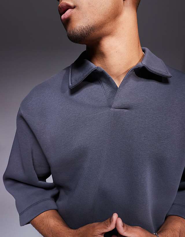 Asos ASOS DESIGN Oversized Sweatshirt With Short Sleeves And Rugby Collar In Charcoal