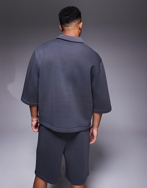 Asos ASOS DESIGN Oversized Sweatshirt With Short Sleeves And Rugby Collar In Charcoal