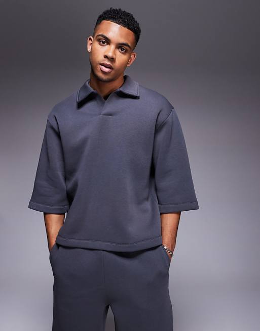 asos ASOS DESIGN oversized sweatshirt with short sleeves and rugby collar in charcoal