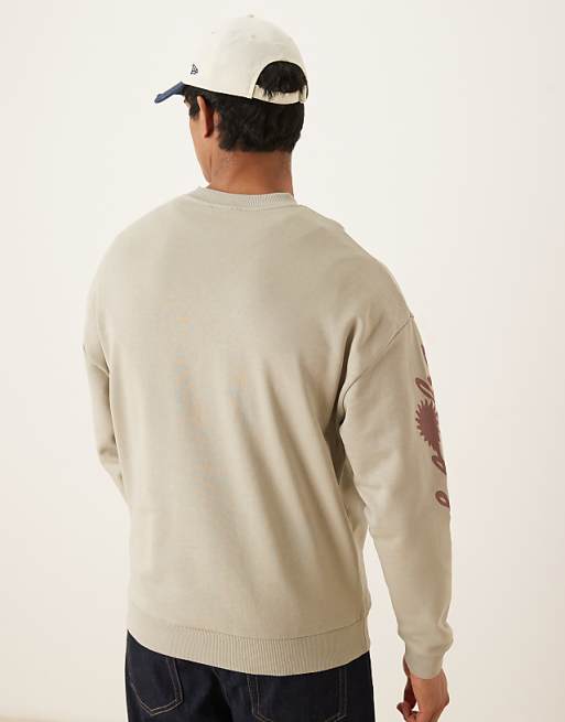 Asos ASOS DESIGN Oversized Sweatshirt With Text Sleeve Prints In Stone