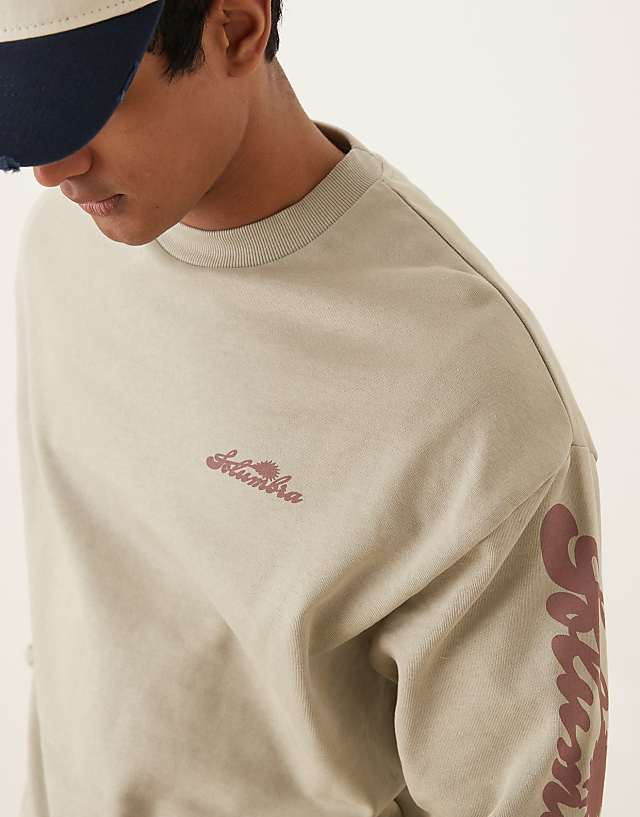 Asos ASOS DESIGN Oversized Sweatshirt With Text Sleeve Prints In Stone