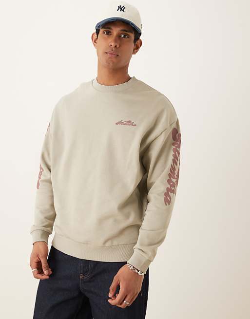 asos ASOS DESIGN oversized sweatshirt with text sleeve prints in stone