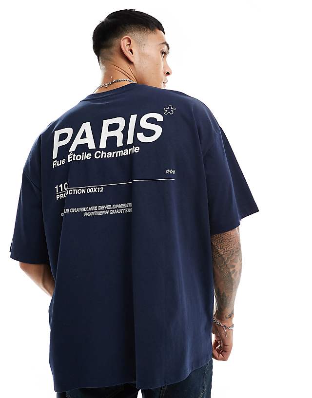 asos ASOS DESIGN oversized t-shirt in navy with Paris text back print