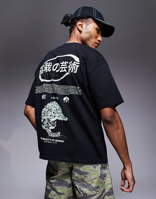 asos ASOS DESIGN oversized t-shirt with bonsai graphic in black