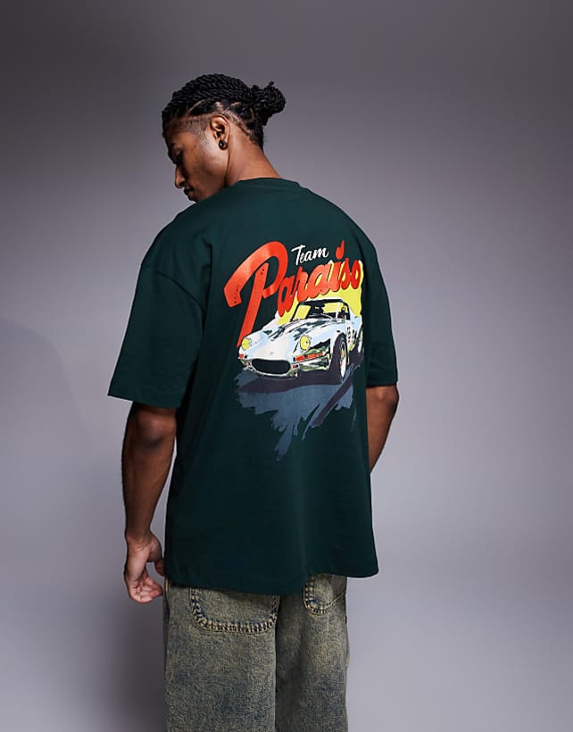 asos ASOS DESIGN oversized t-shirt with car graphic in dark green