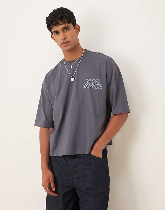 asos ASOS DESIGN oversized t-shirt with chest embroidery in washed black