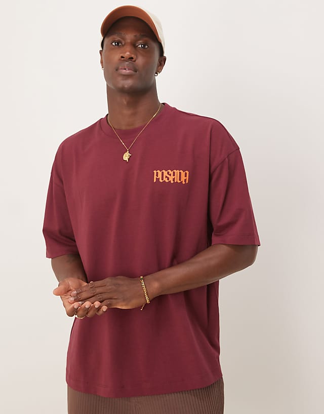 asos ASOS DESIGN oversized t-shirt with chest print in burgundy