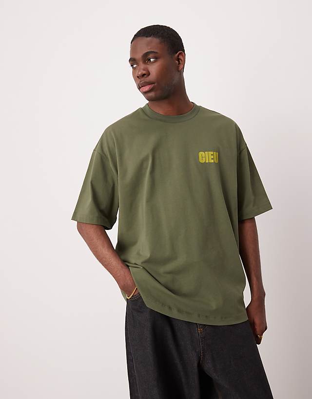 asos ASOS DESIGN oversized t-shirt with chest print in khaki