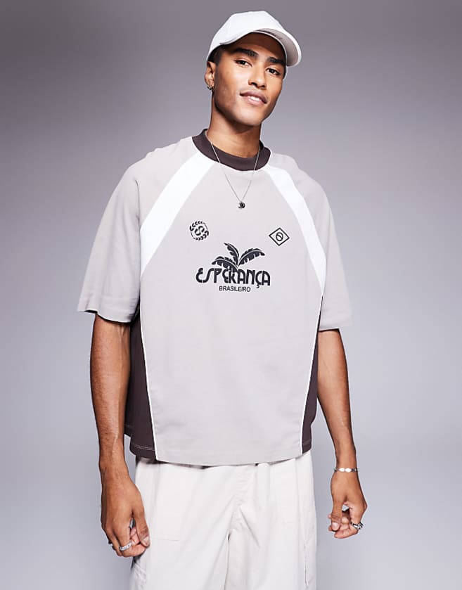 asos ASOS DESIGN oversized t-shirt with cut and sew tee and sports graphic in grey