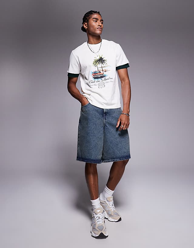 Asos ASOS DESIGN Oversized T-shirt With Double Layer Sleeve And Car Graphic In Cream
