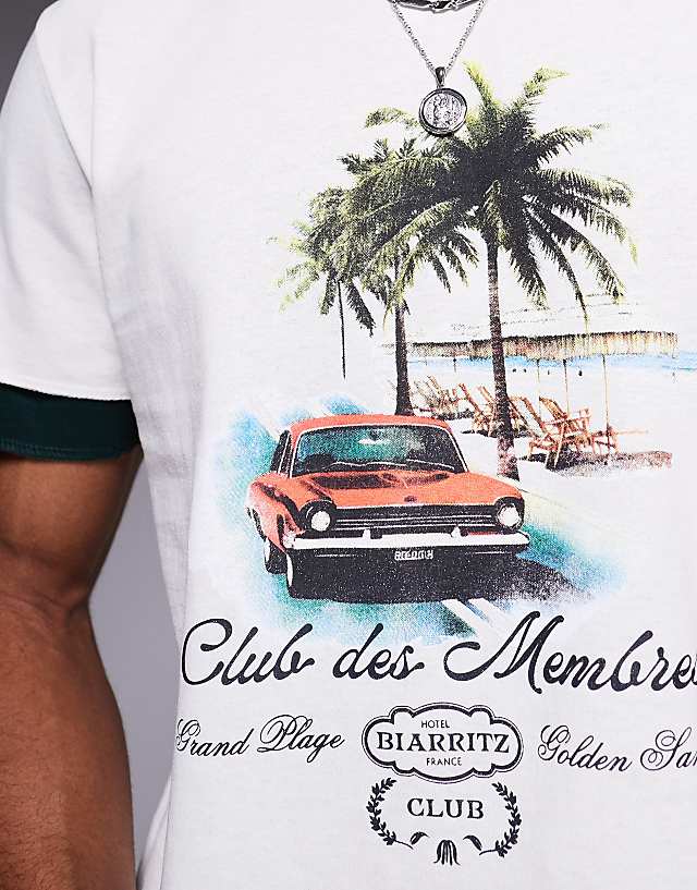 Asos ASOS DESIGN Oversized T-shirt With Double Layer Sleeve And Car Graphic In Cream