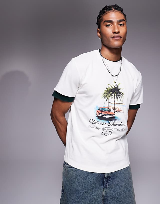 asos ASOS DESIGN oversized t-shirt with double layer sleeve and car graphic in cream