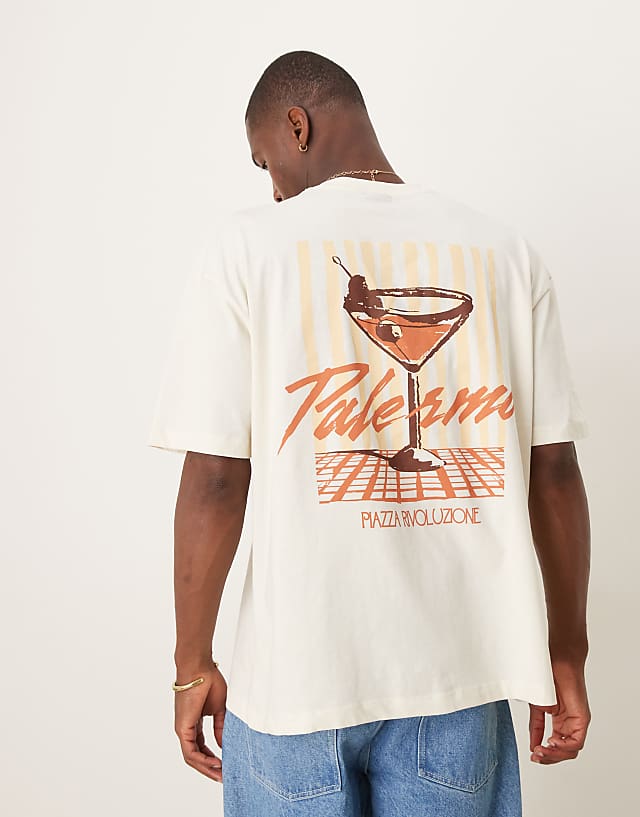 asos ASOS DESIGN oversized t-shirt with drinks graphic in cream