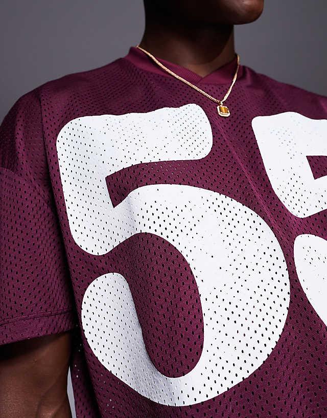 Asos ASOS DESIGN Oversized T-shirt With Dropped Shoulder And Sports Graphic In Burgundy Mesh
