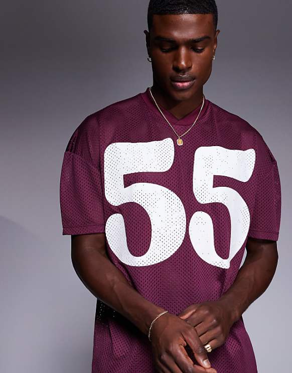 asos ASOS DESIGN oversized t-shirt with dropped shoulder and sports graphic in burgundy mesh
