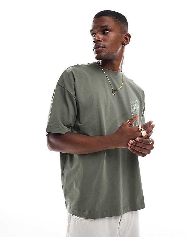 Asos ASOS DESIGN Oversized T-shirt With Floral Street Graphic In Khaki