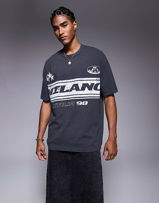 Asos ASOS DESIGN Oversized T-shirt With Front Chest Print In Washed Asphalt