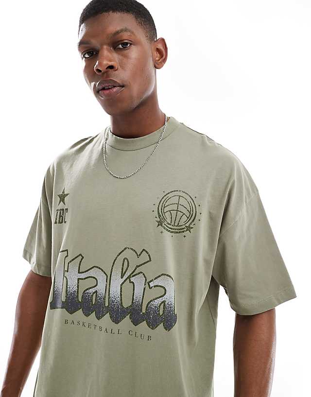 asos ASOS DESIGN oversized t-shirt with front city print in light khaki