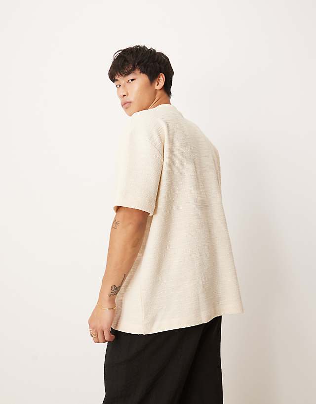 Asos ASOS DESIGN Oversized T-shirt With Henley Neck In Cream Boucle