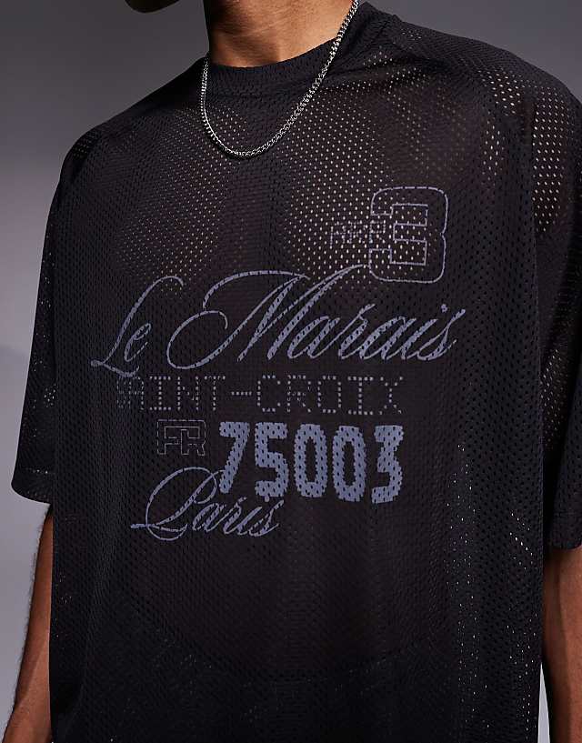 Asos ASOS DESIGN Oversized T-shirt With Le Marais Graphic In Black Airtex
