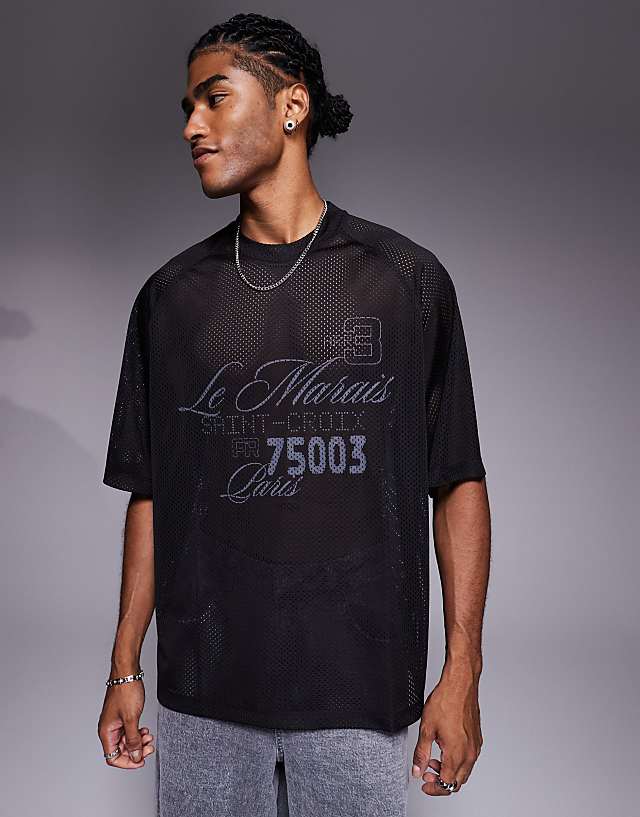 asos ASOS DESIGN oversized t-shirt with Le Marais graphic in black airtex