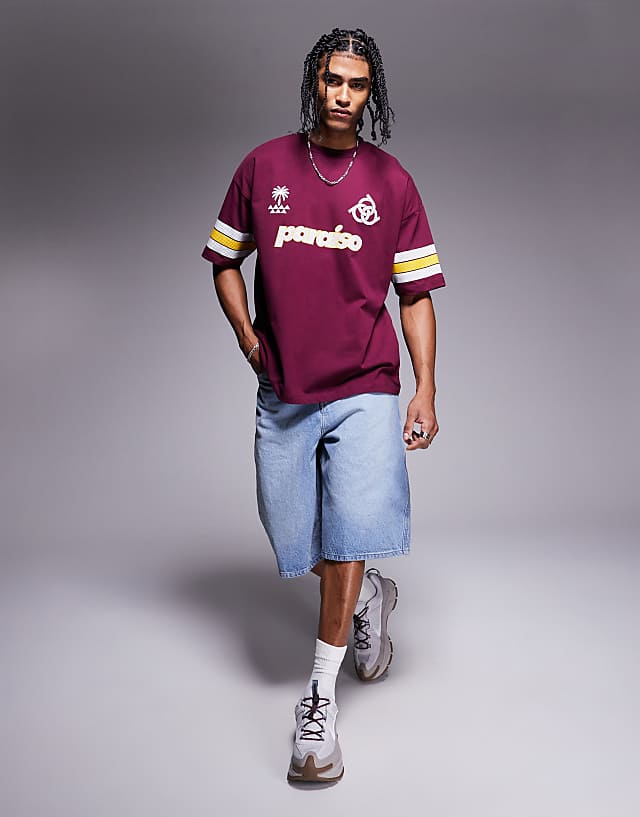 Asos ASOS DESIGN Oversized T-shirt With Panelling And Sports Graphic In Burgundy