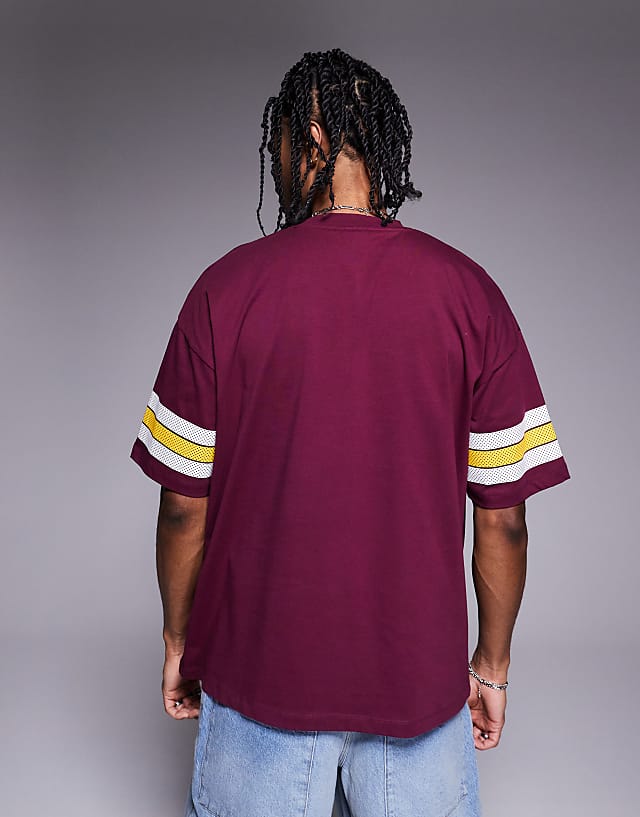 Asos ASOS DESIGN Oversized T-shirt With Panelling And Sports Graphic In Burgundy