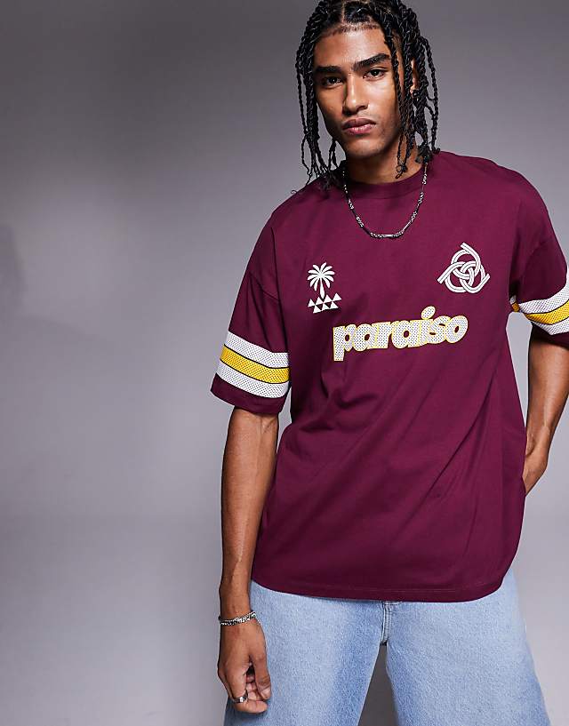 Asos ASOS DESIGN Oversized T-shirt With Panelling And Sports Graphic In Burgundy