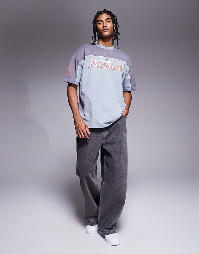 Asos ASOS DESIGN Oversized T-shirt With Panelling And Sports Graphic In Grey