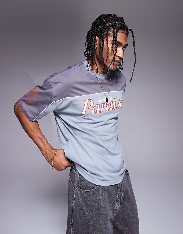 Asos ASOS DESIGN Oversized T-shirt With Panelling And Sports Graphic In Grey