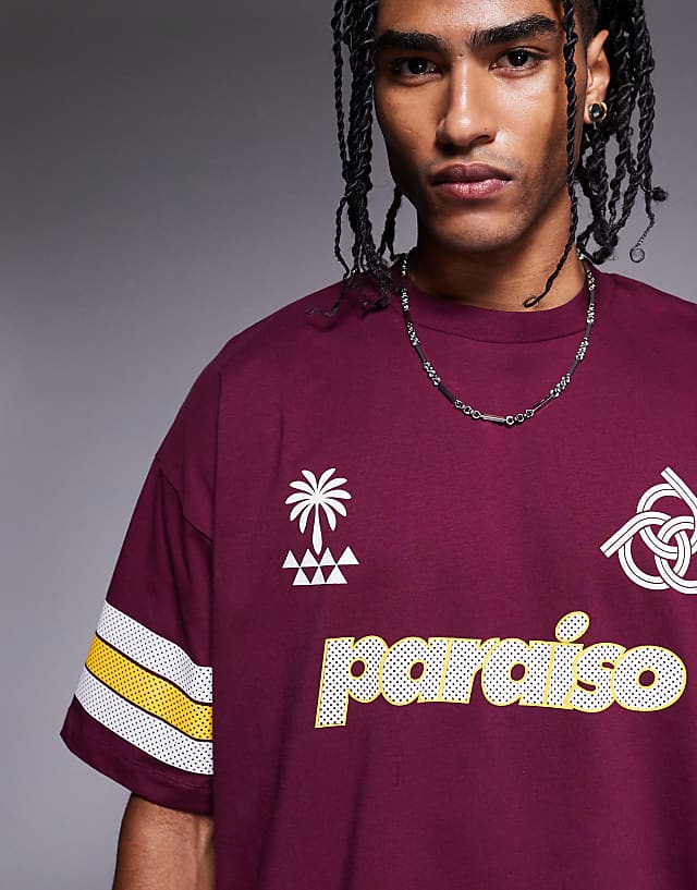 asos ASOS DESIGN oversized t-shirt with panelling and sports graphic in burgundy