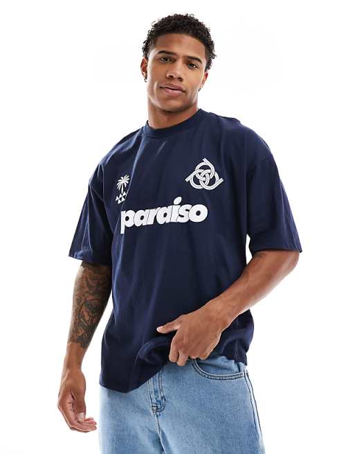 Asos ASOS DESIGN Oversized T-shirt With Paraiso Front Print In Navy